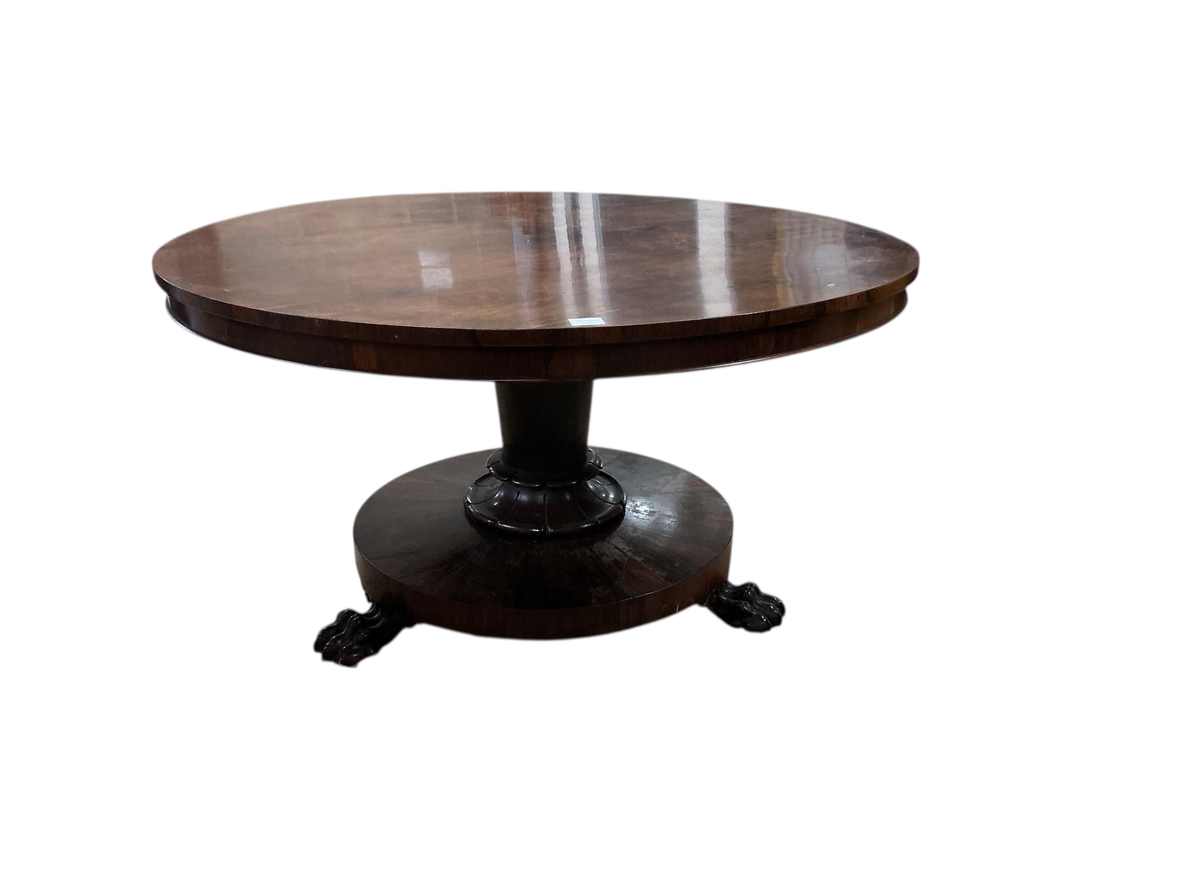 An early Victorian circular rosewood tilt top breakfast table, diameter 128cm, height 72cm